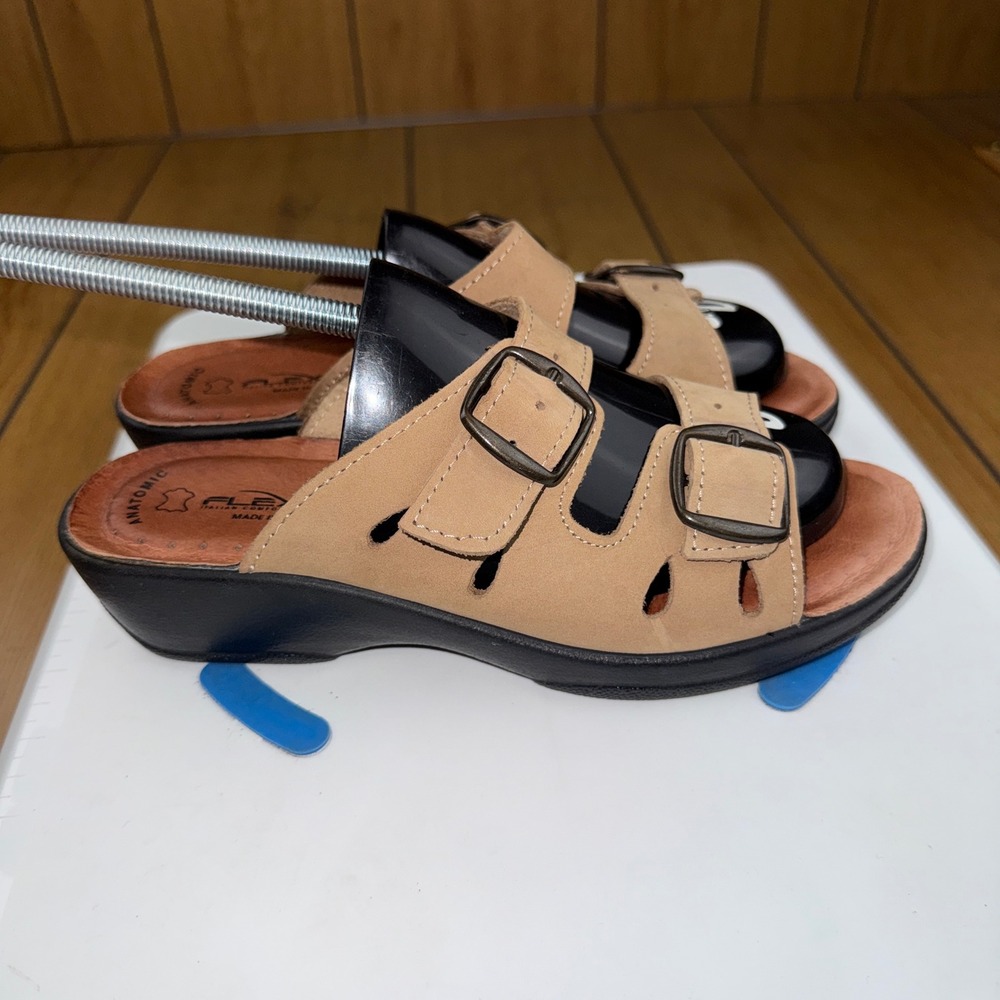 Flexus by Spring Step Italian Comfort Tan Leather Slide Sandals Womens 38 Buckle